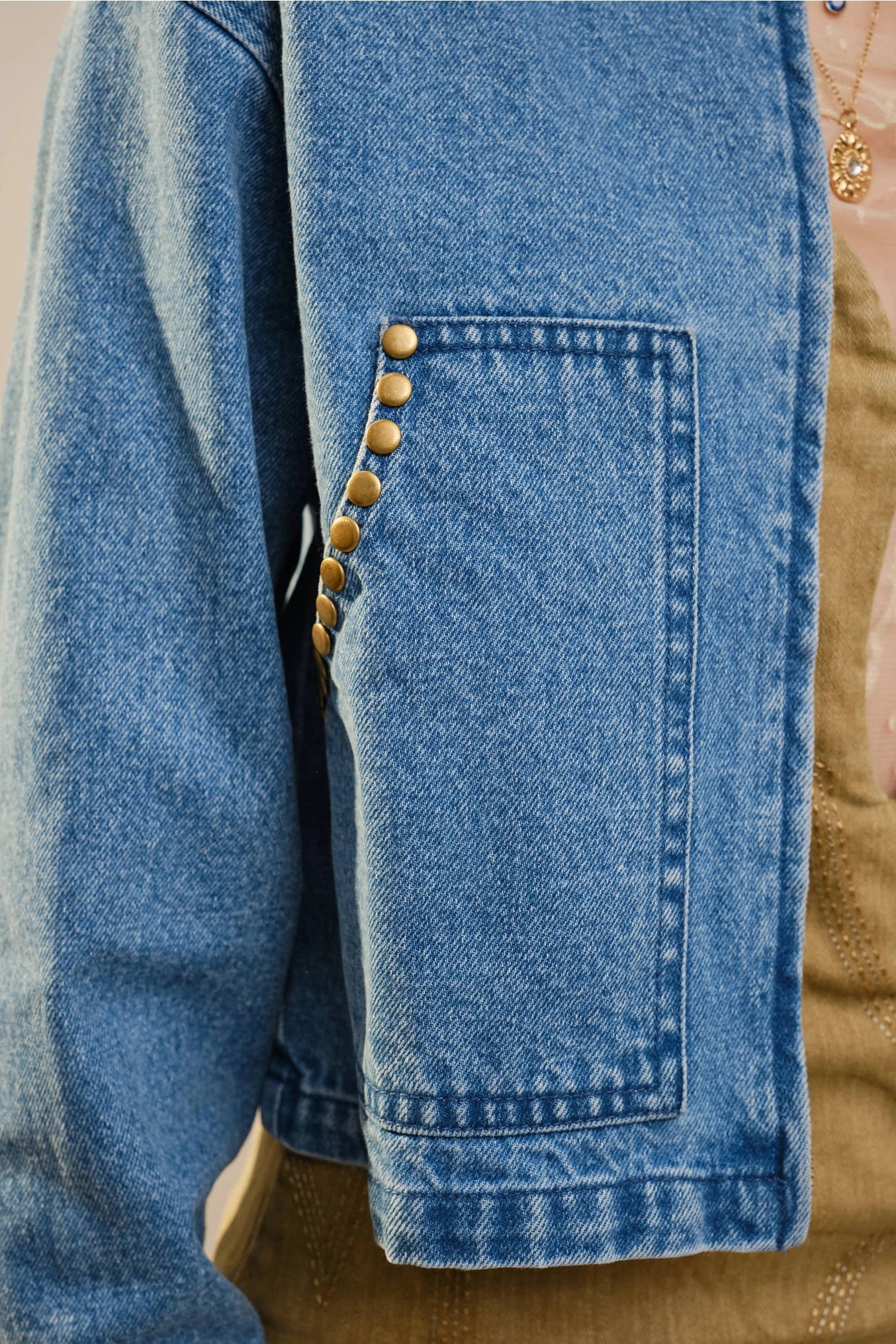 Corinne Stud Trimmed Cropped Denim Jacket