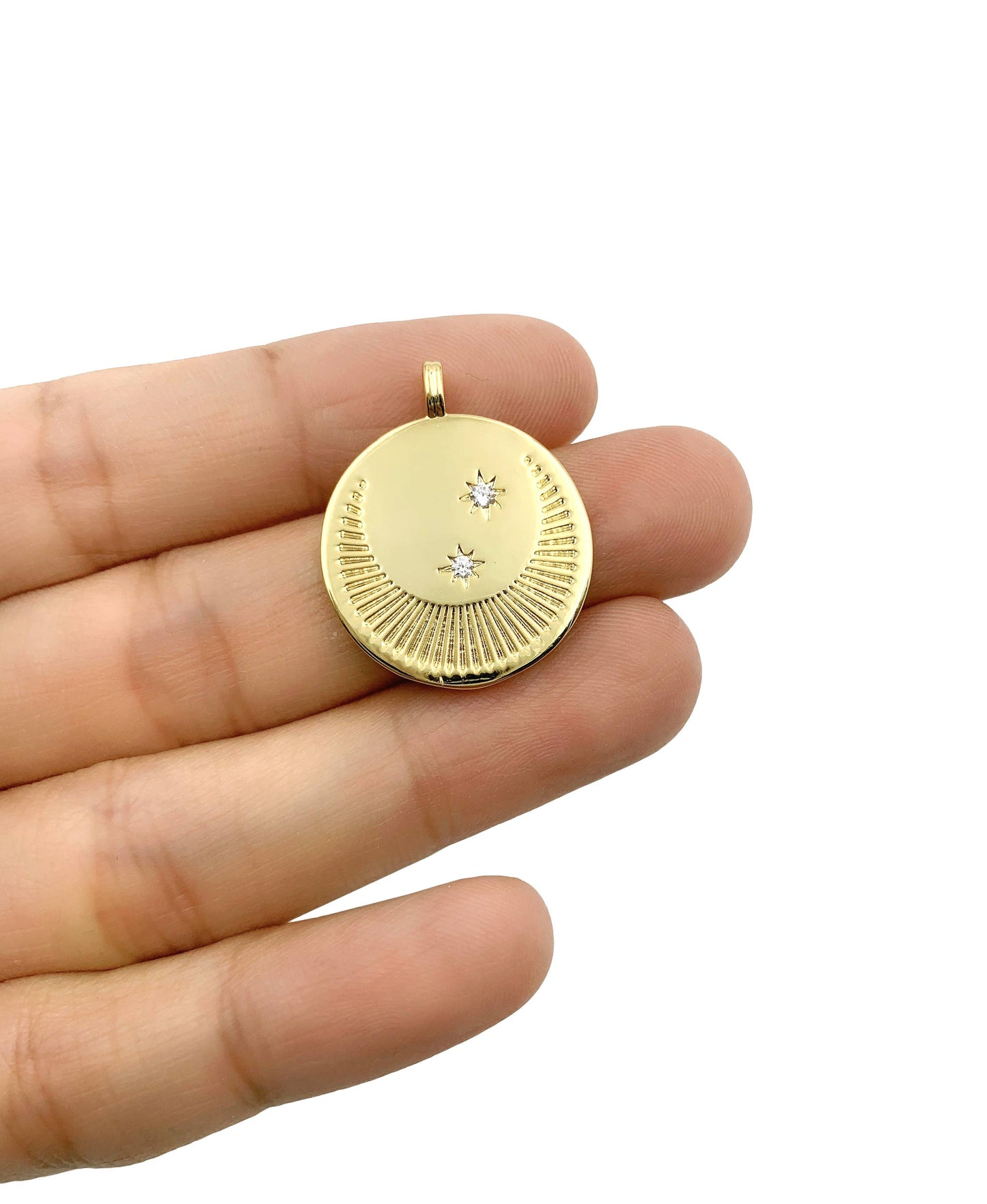 Gold Filled Crescent Moon Charm Disc CZ Micro Pave