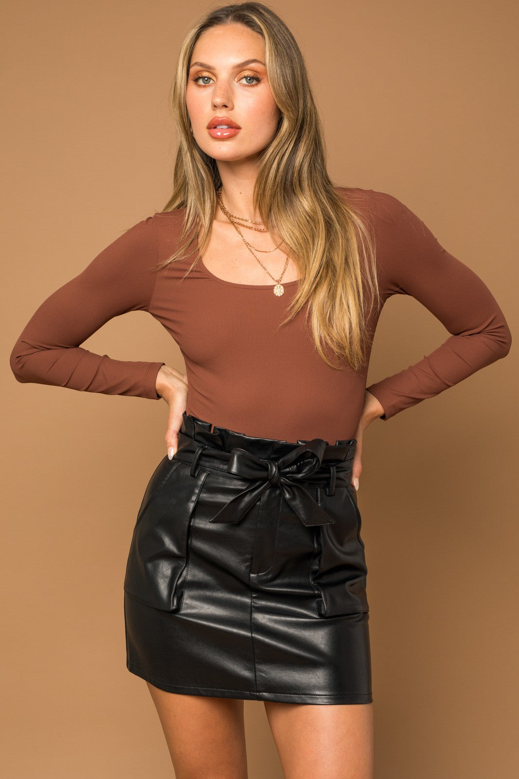 Charli Long Sleeve Square Neck Bodysuit in Brown Rust
