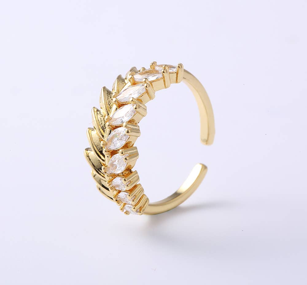 Gold Filled Adjustable Rhinestone Leaf Fashion Ring