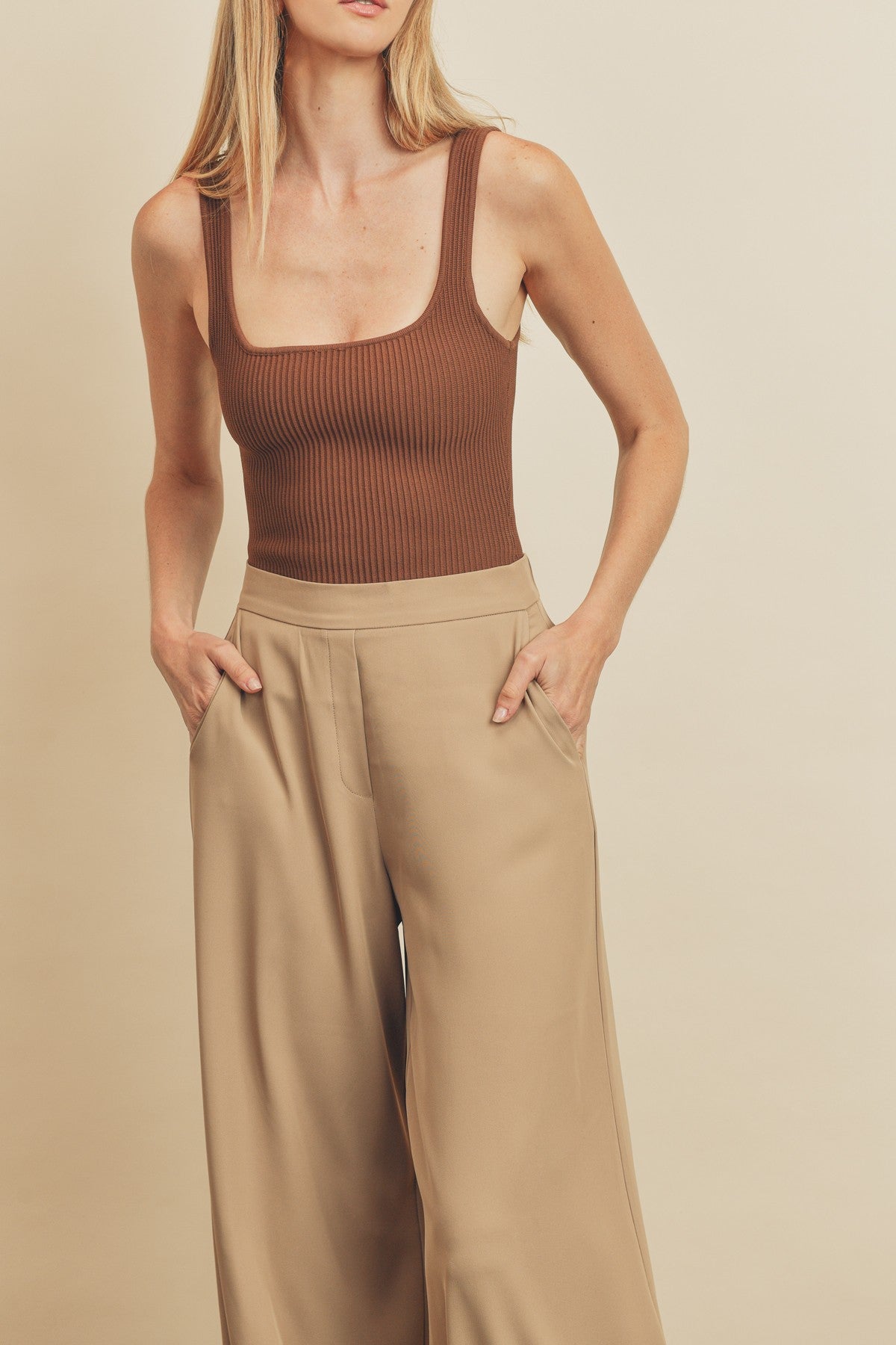 Elle Extra Wide Leg Pull-On Pants in Tan