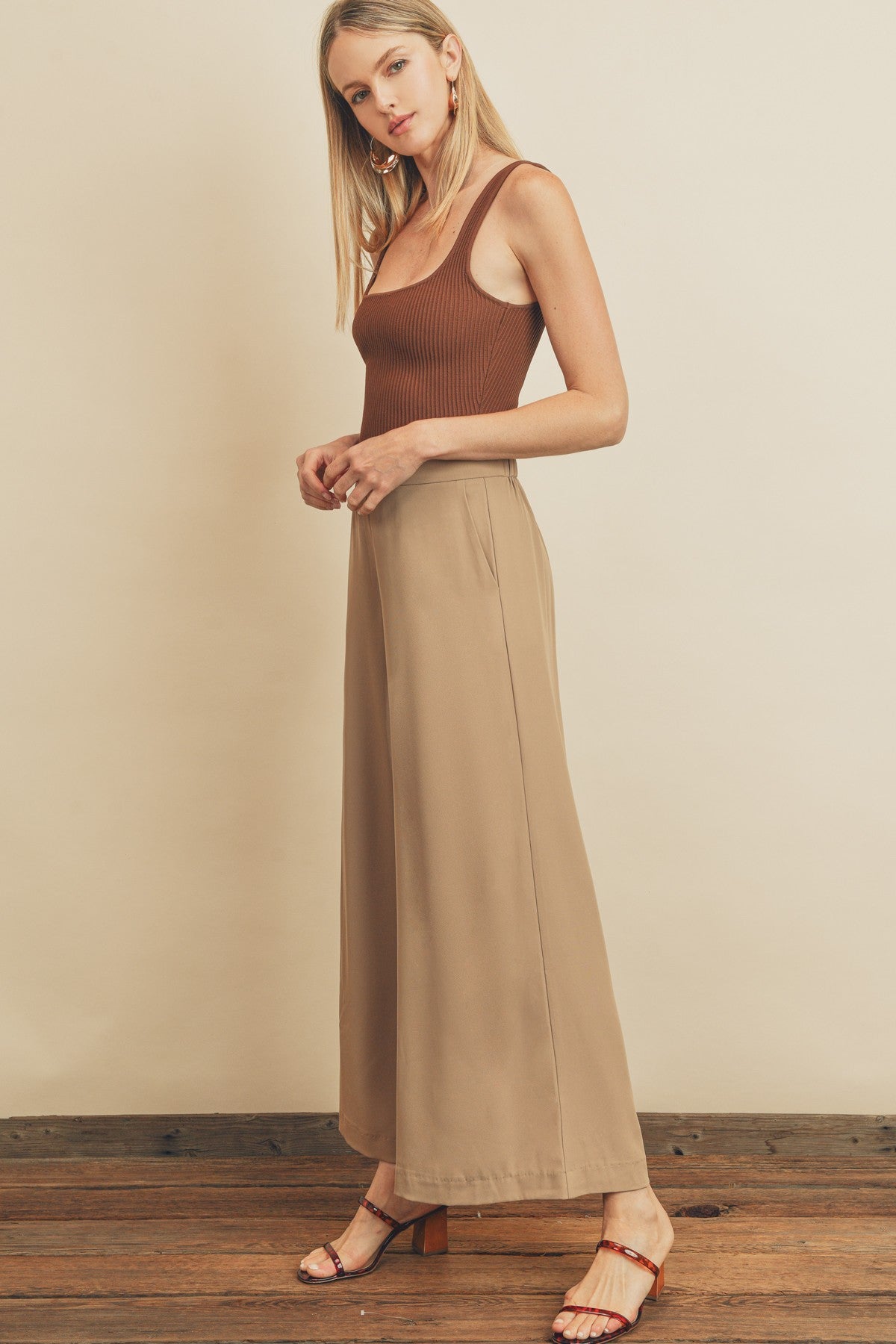 Elle Extra Wide Leg Pull-On Pants in Tan