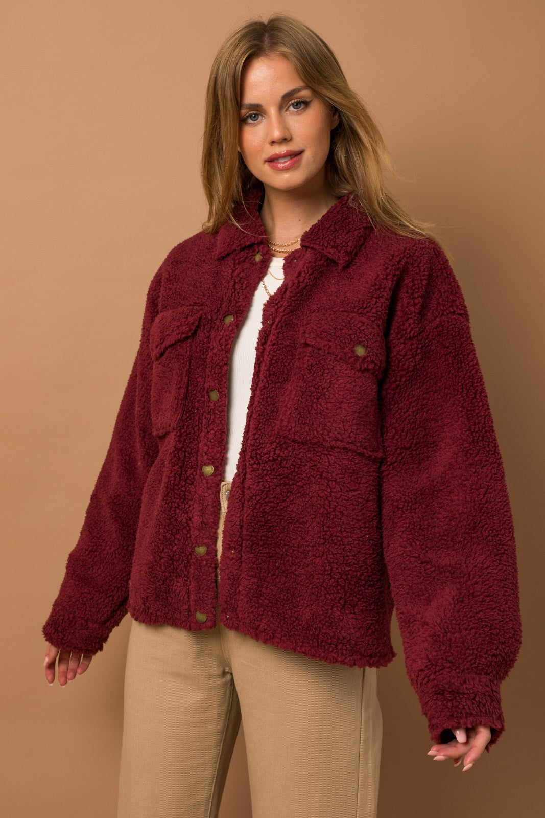 Sadie Shearling Shacket Burgundy in Plus