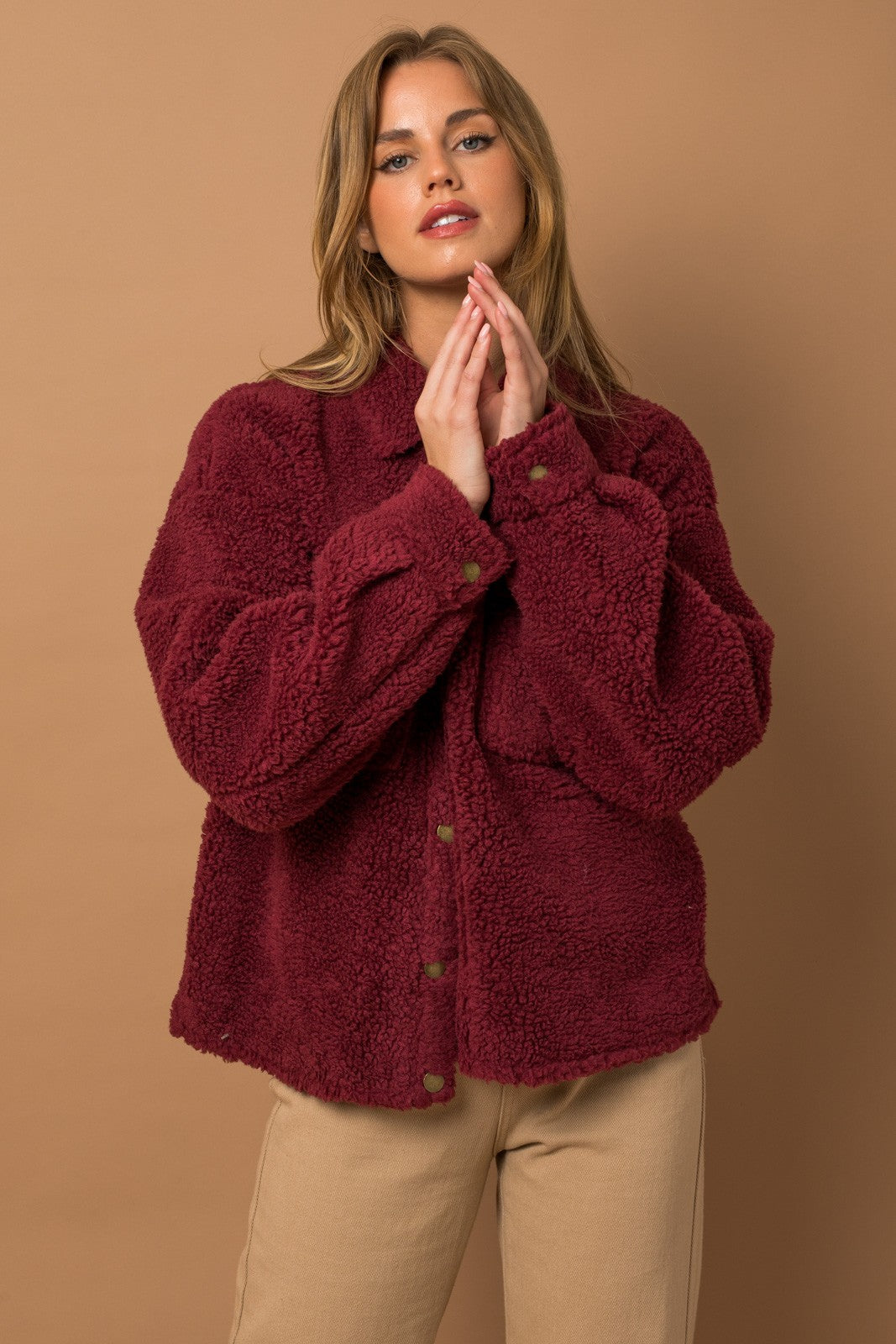 Sadie Shearling Shacket Burgundy in Plus