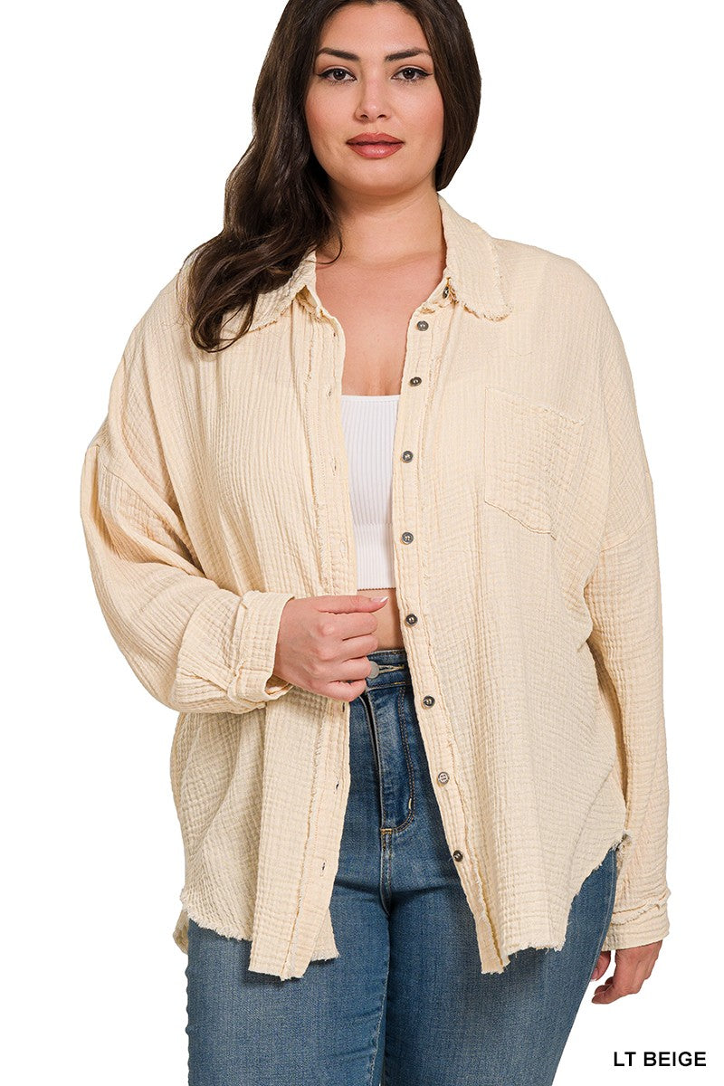 Ashlynn Button Up in Light Beige in Plus Size
