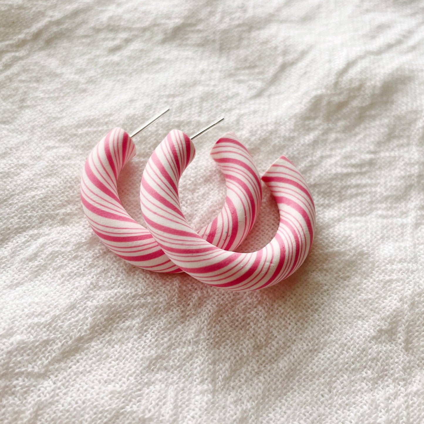 Candy Cane Hoops - Pink | Polymer Clay Christmas Earrings