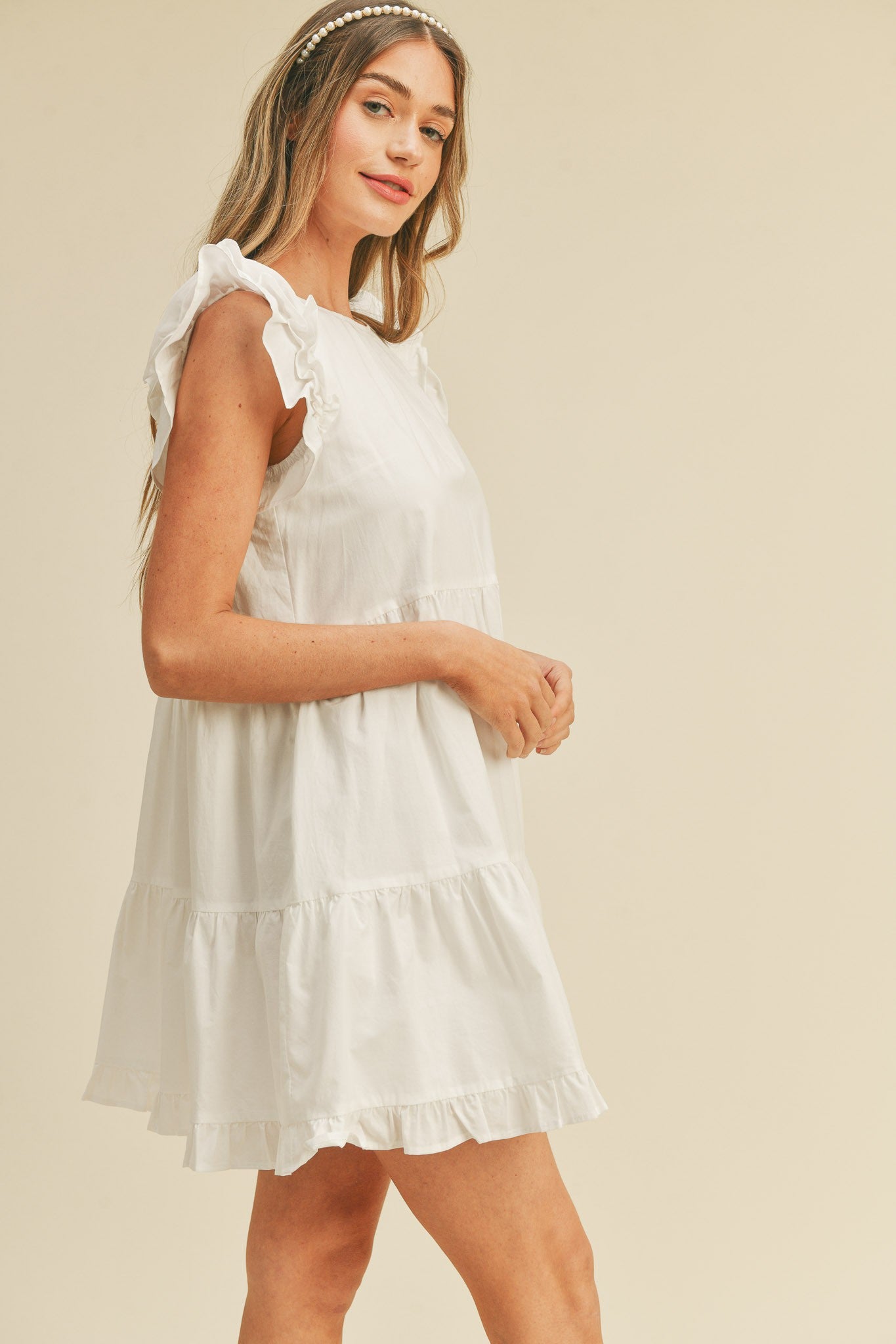 Nora White Tiered Dress with Flutter Ruffles