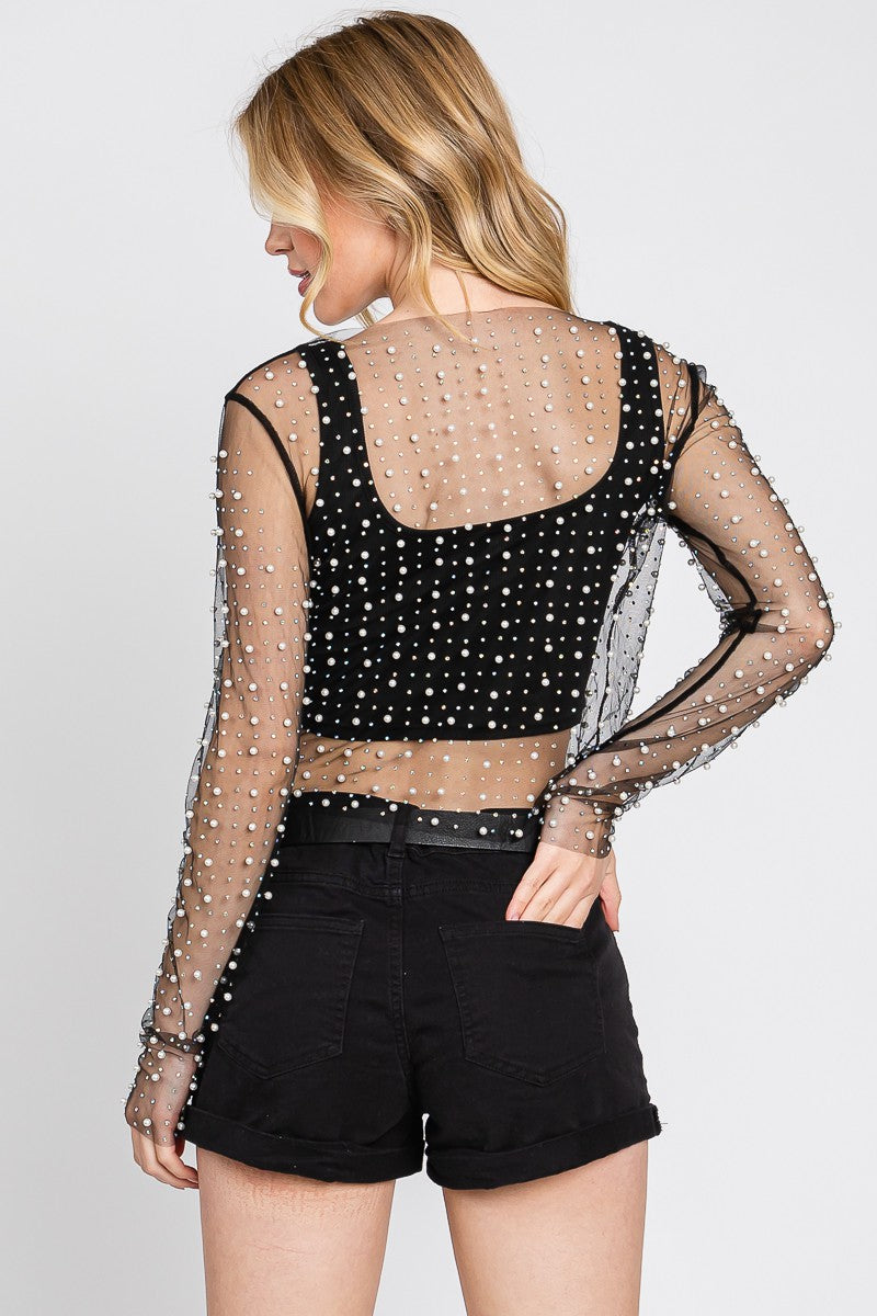 Jane Pearl and Rhinestone Embellished Long Sleeve in Black