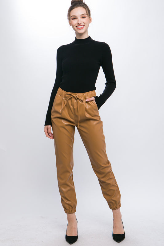 Renee Camel Leather Jogger Pants