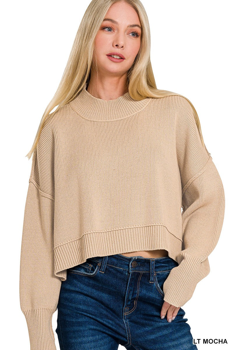 Torrie Side Slit Oversized Cropped Sweater in Light Mocha