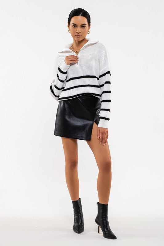 Zoey Striped Half Zip Knit Sweater in White