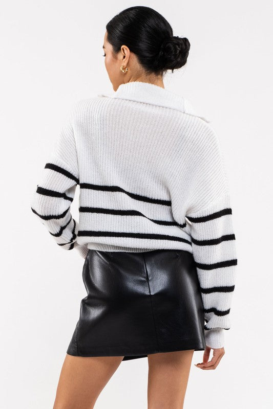 Zoey Striped Half Zip Knit Sweater in White