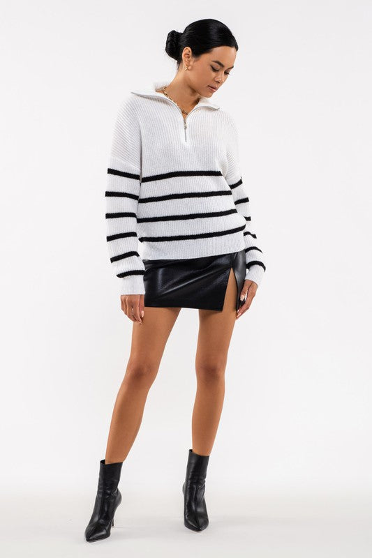 Zoey Striped Half Zip Knit Sweater in White