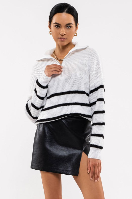 Zoey Striped Half Zip Knit Sweater in White