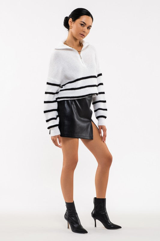 Zoey Striped Half Zip Knit Sweater in White