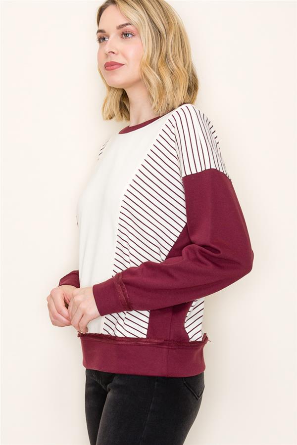 Ember Striped Terry Sweatshirt in Maroon