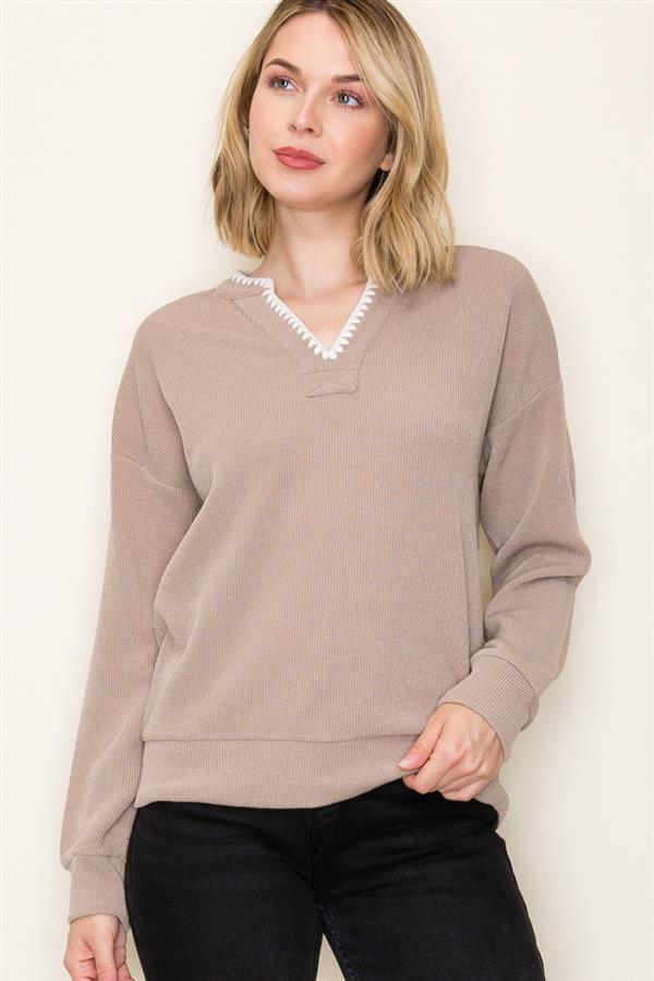 Aria Blanket Stitched Split Neck Top in Taupe