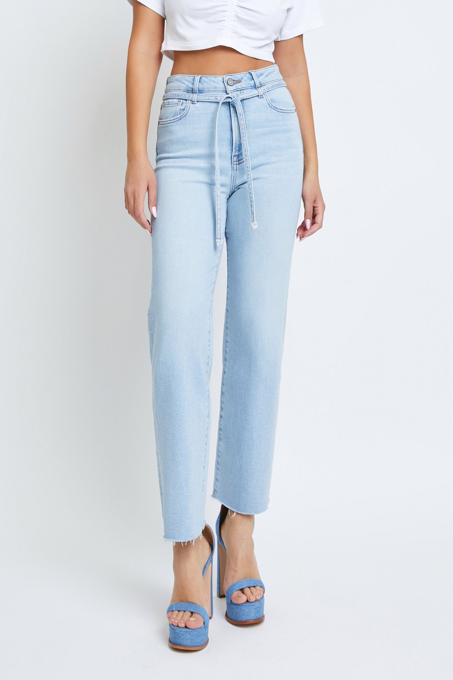 Ella Light Wash Tie Waist Clean Stretch Wide Straight