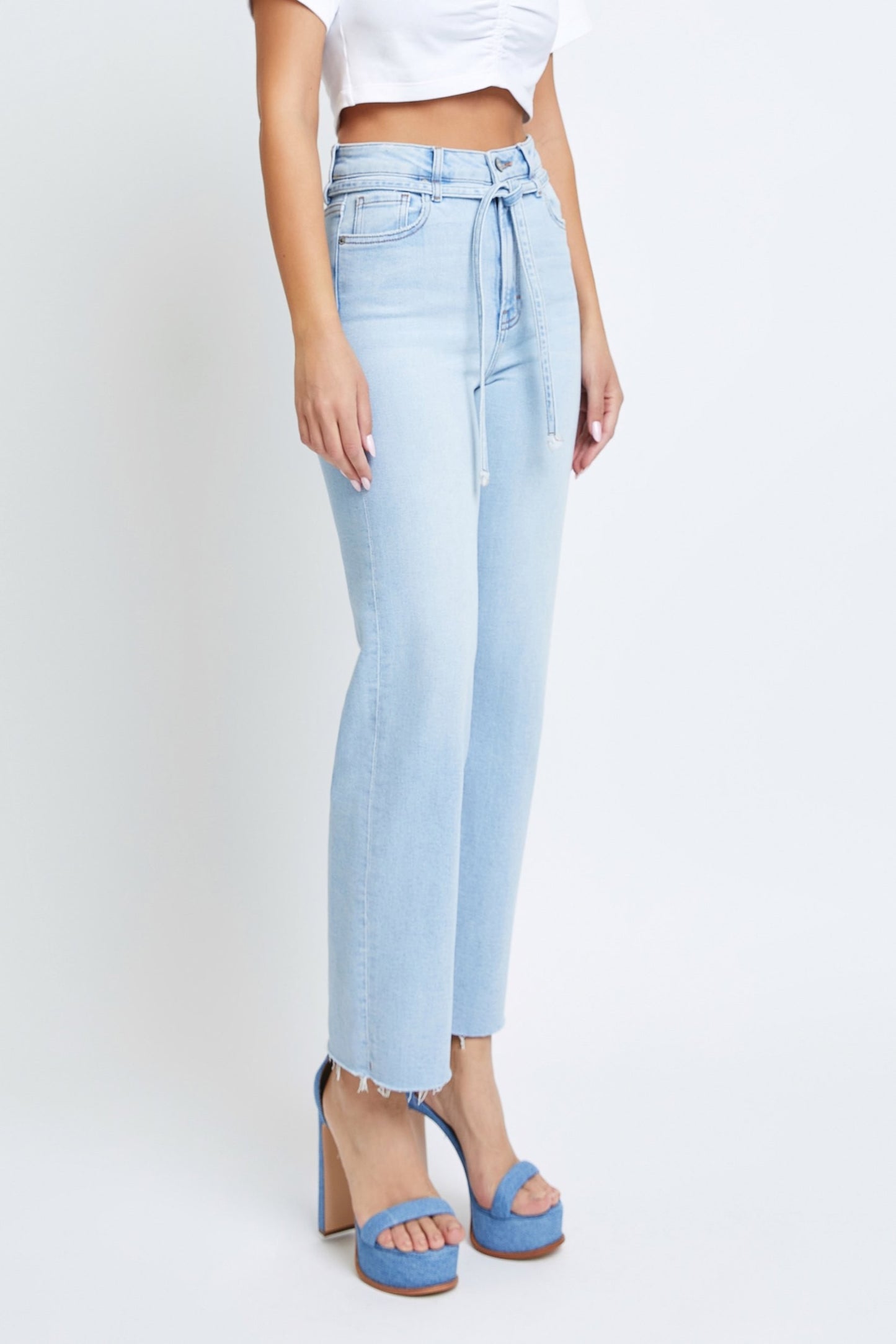 Ella Light Wash Tie Waist Clean Stretch Wide Straight
