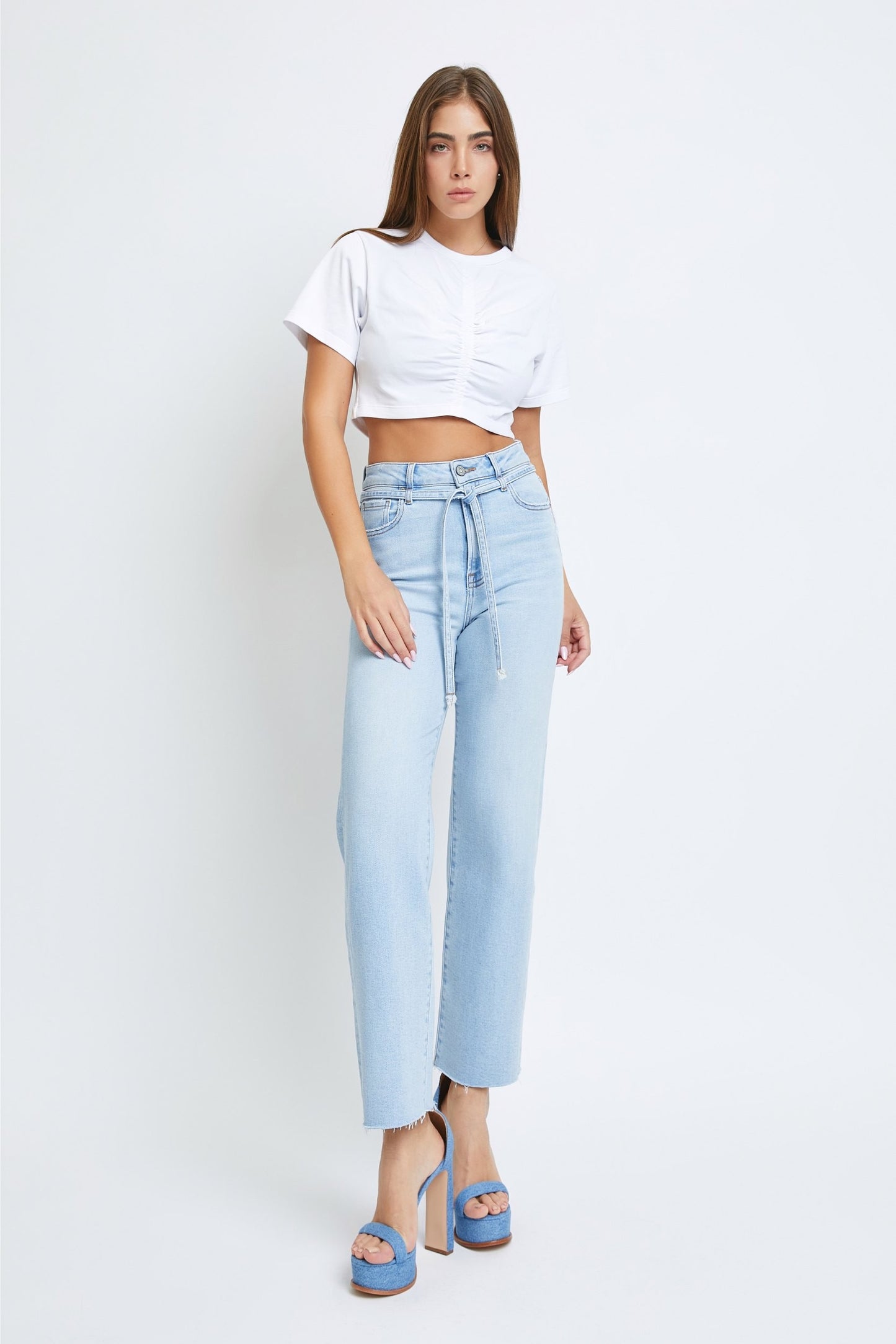 Ella Light Wash Tie Waist Clean Stretch Wide Straight