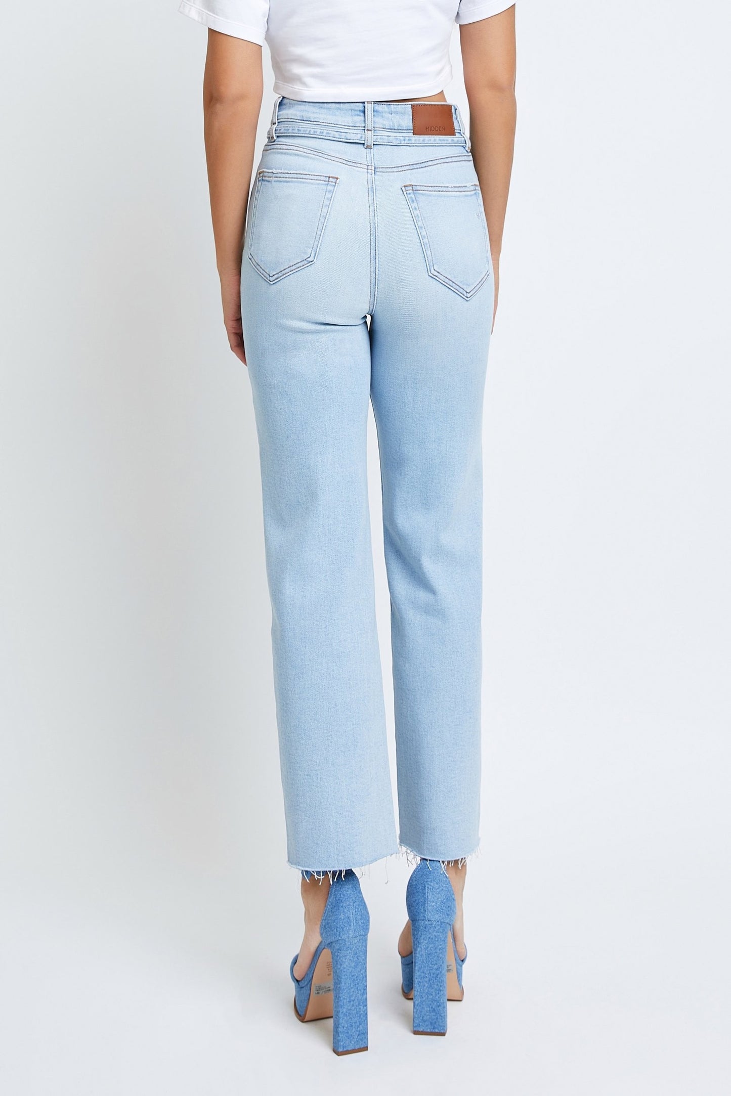 Ella Light Wash Tie Waist Clean Stretch Wide Straight