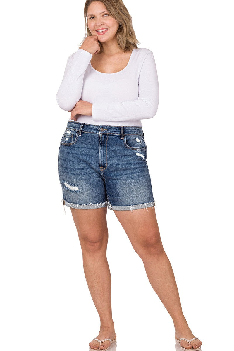 Rachel Destressed Denim Shorts in Plus Size