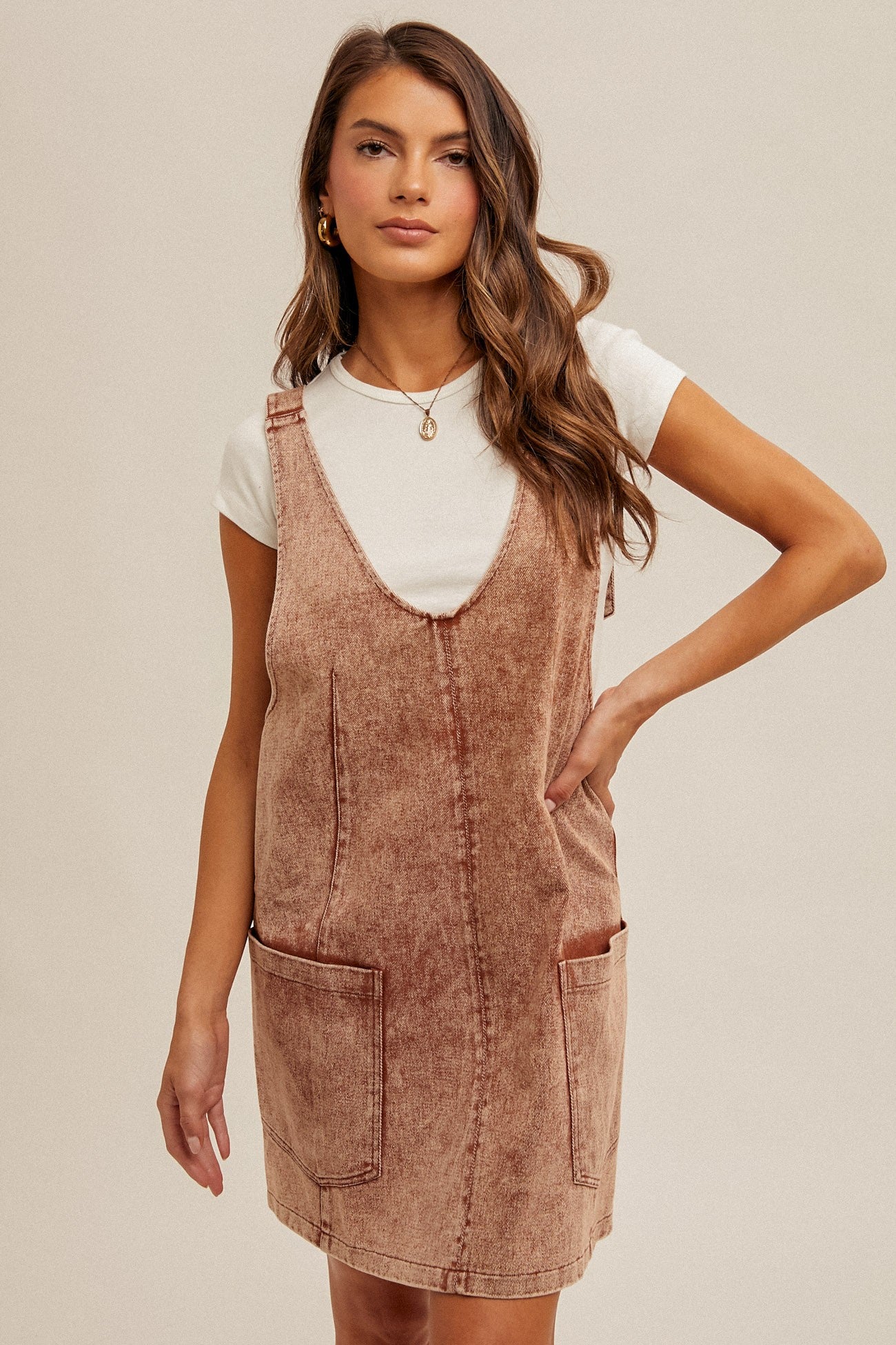 Taya Snow Washed Overall Dress in Rust