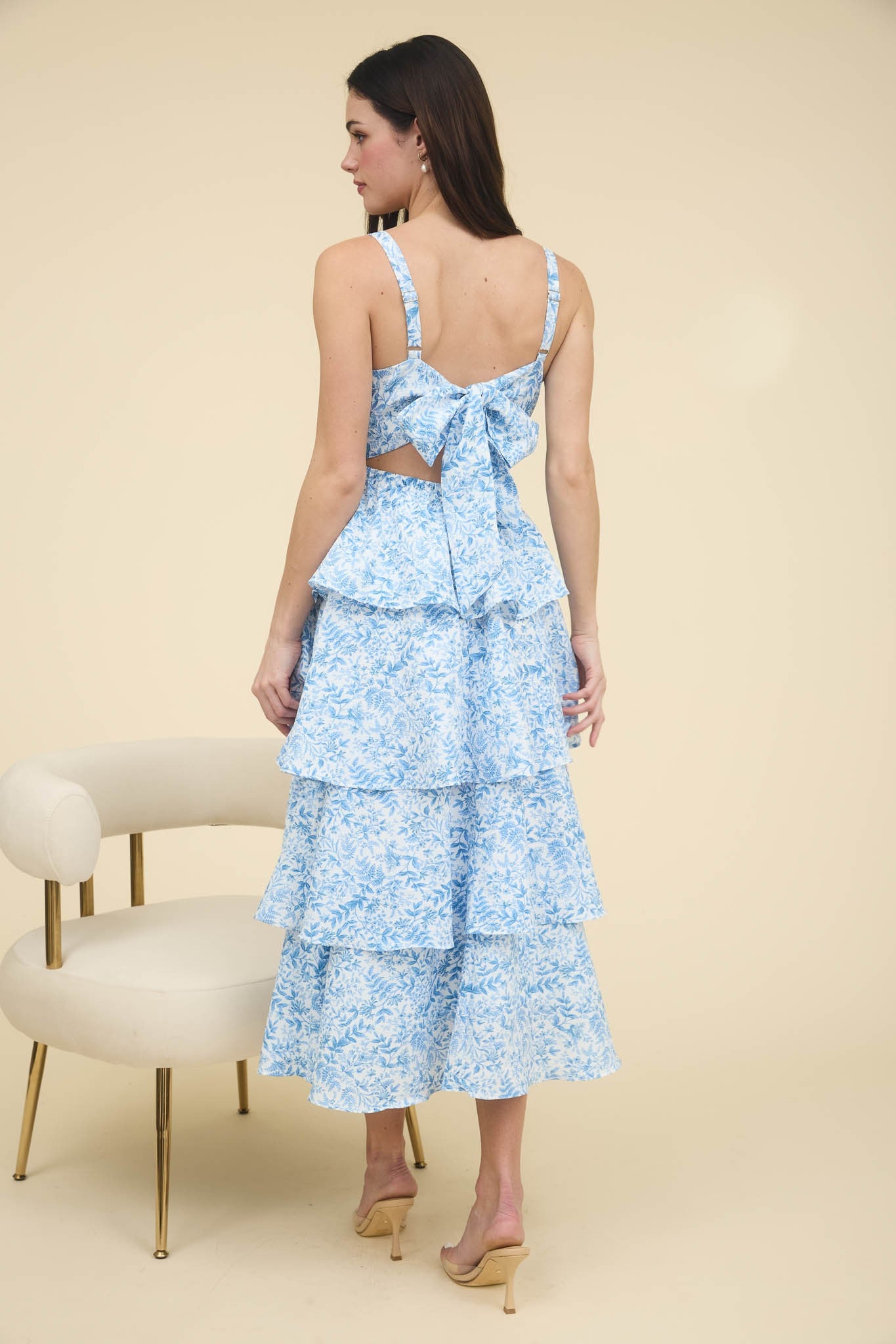 Leighton Tie Up Tiered Maxi Dress in Blue