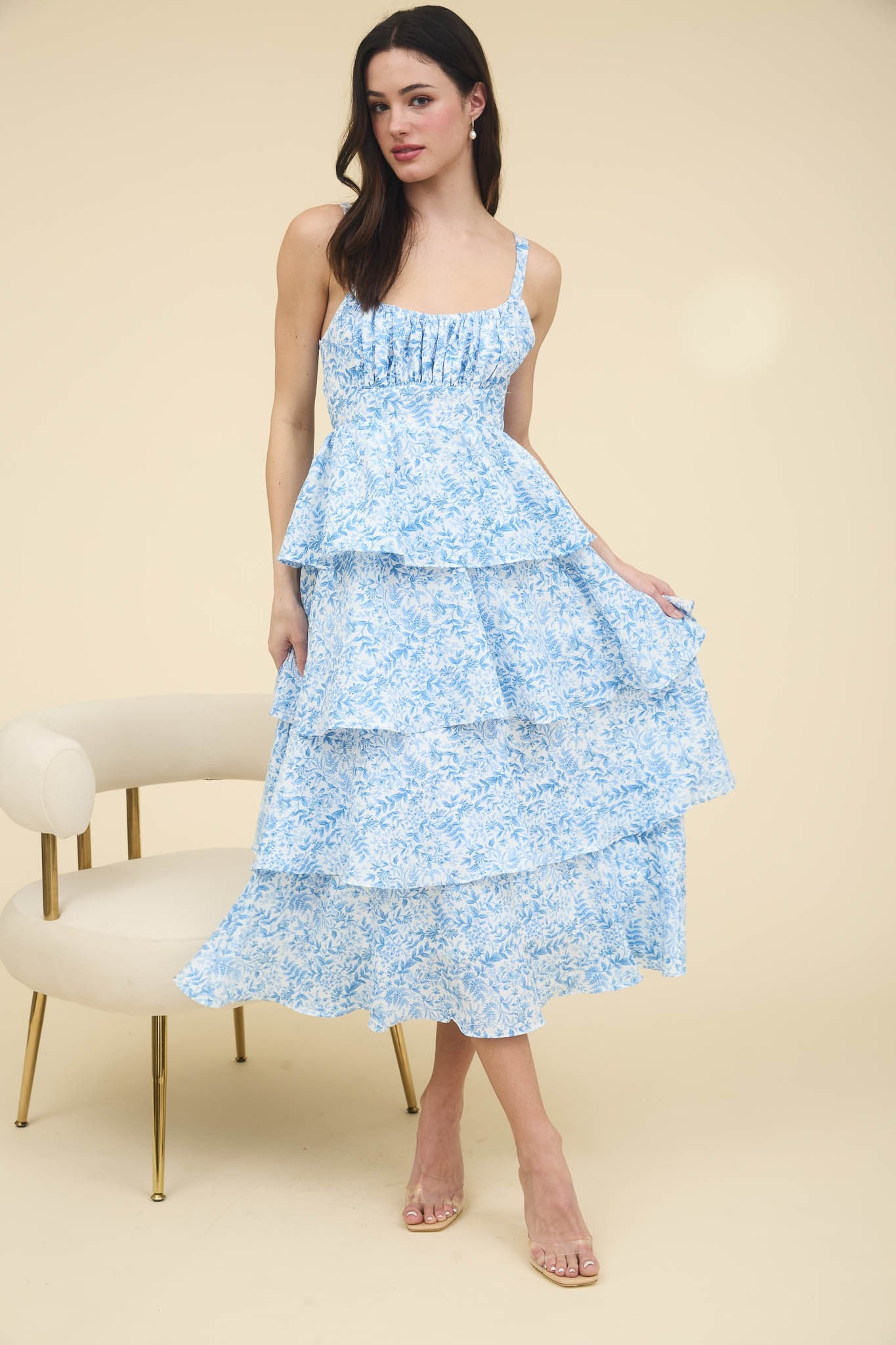 Leighton Tie Up Tiered Maxi Dress in Blue