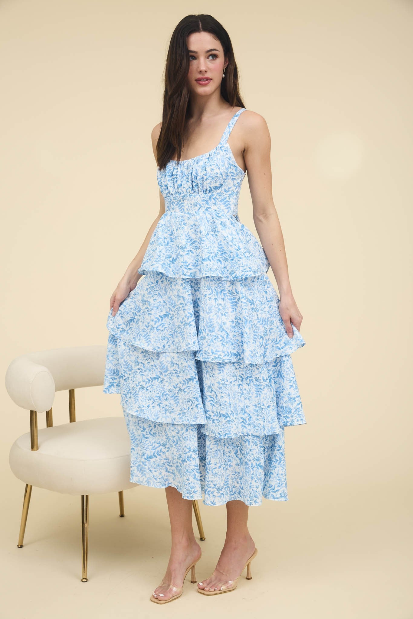 Leighton Tie Up Tiered Maxi Dress in Blue