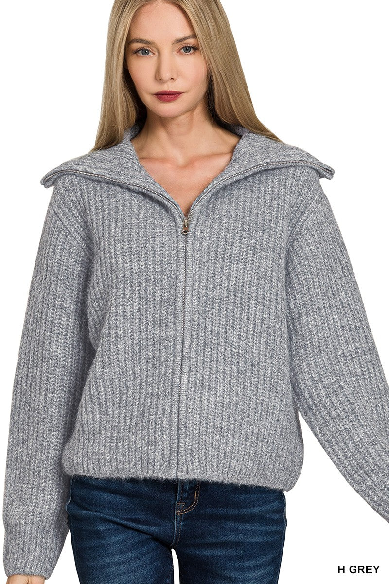 Sarah High Full Zip Neck Sweater in Heather Grey