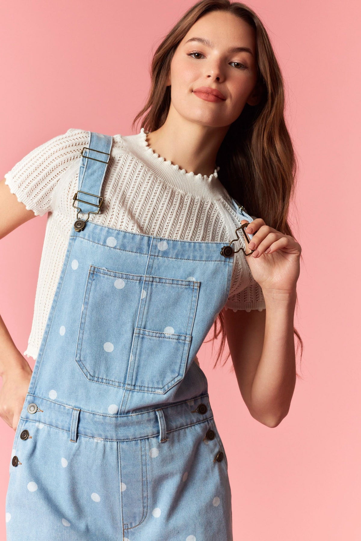 Gina Polka Dot Utility Overalls In Light Denim