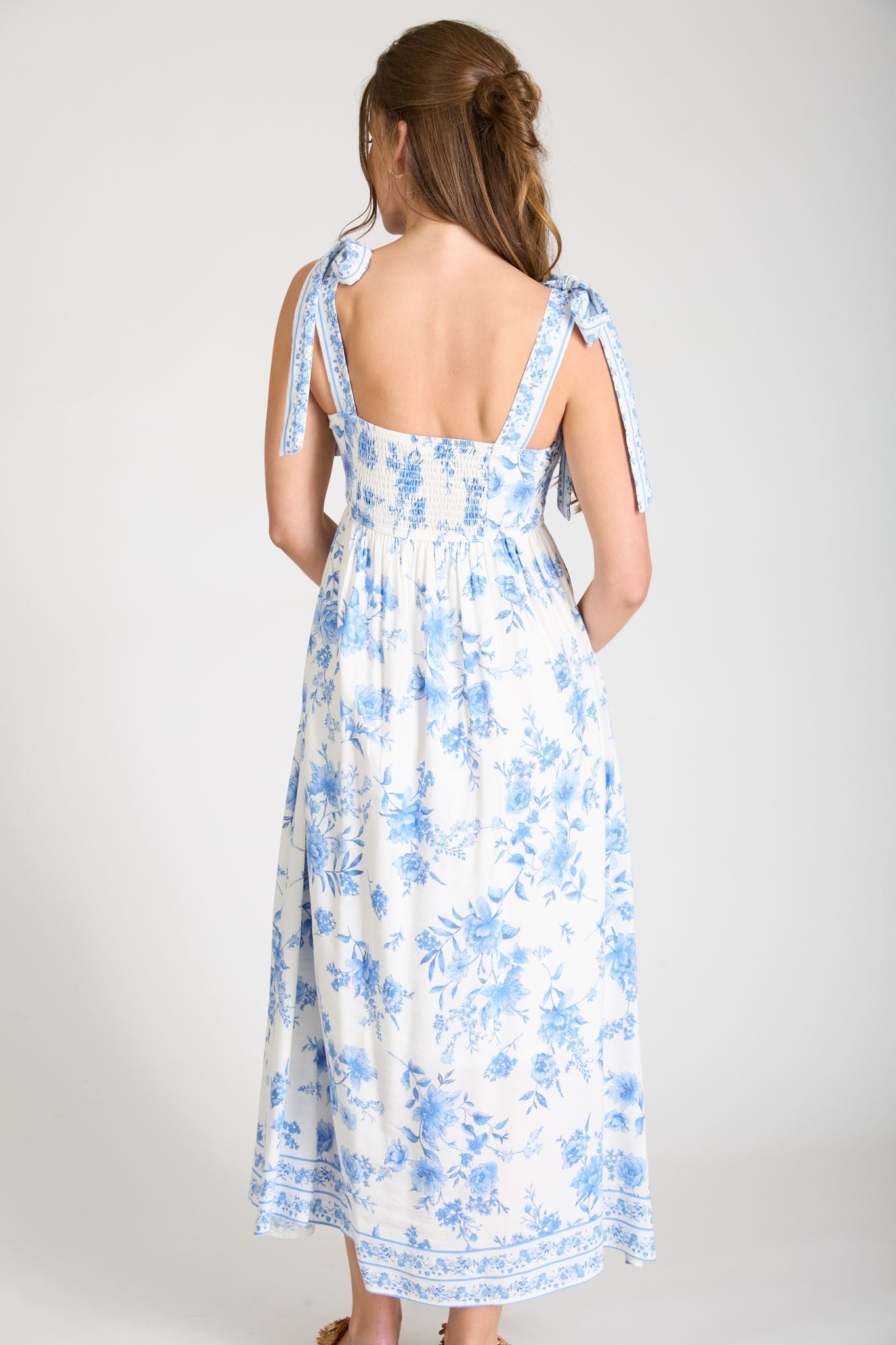 Kori Floral Border Empire Waist Tie Strap Midi Dress in Light Blue
