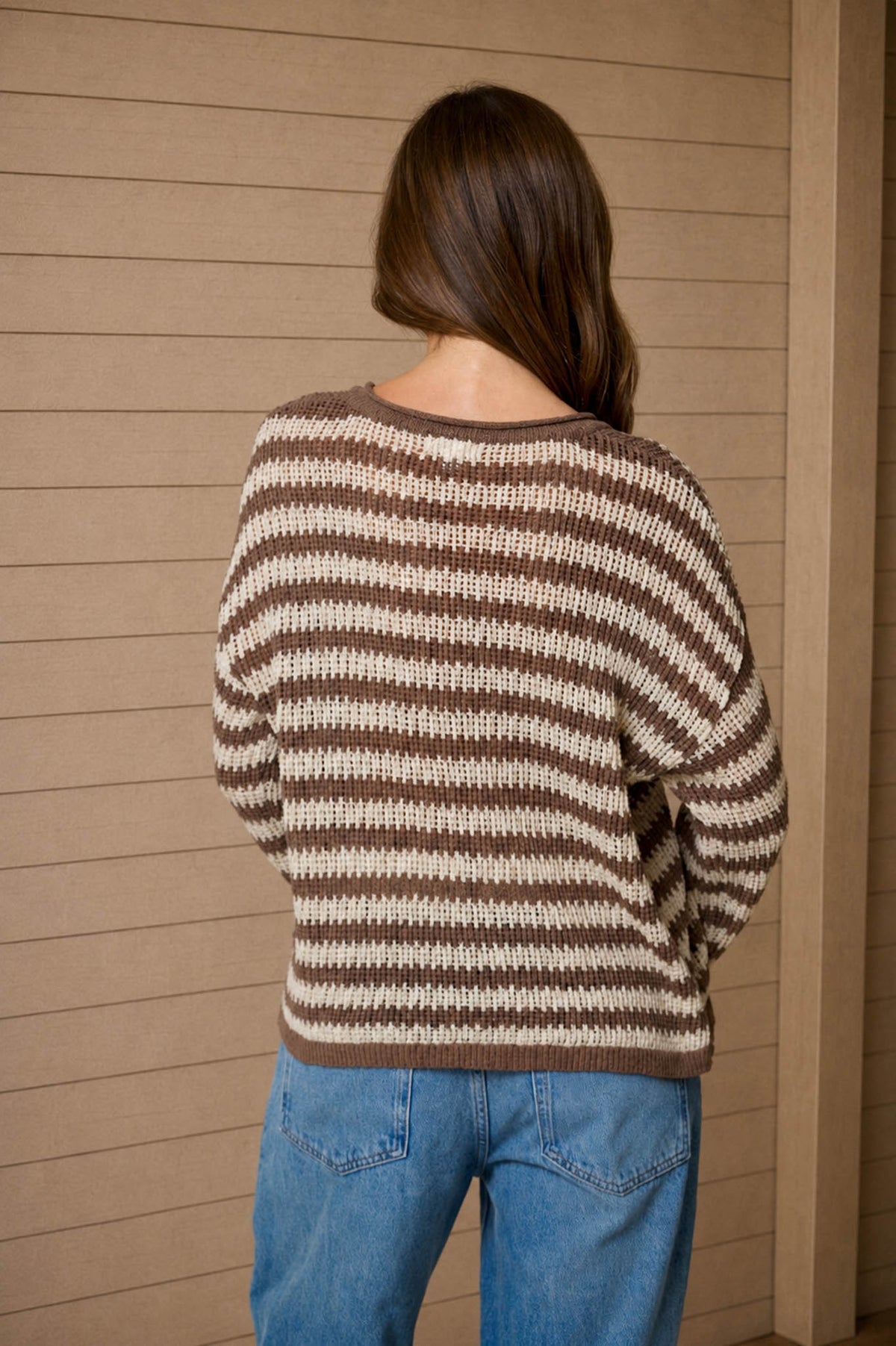Tera Stripe Raw Edge Split Neck Sheer Knit Sweater