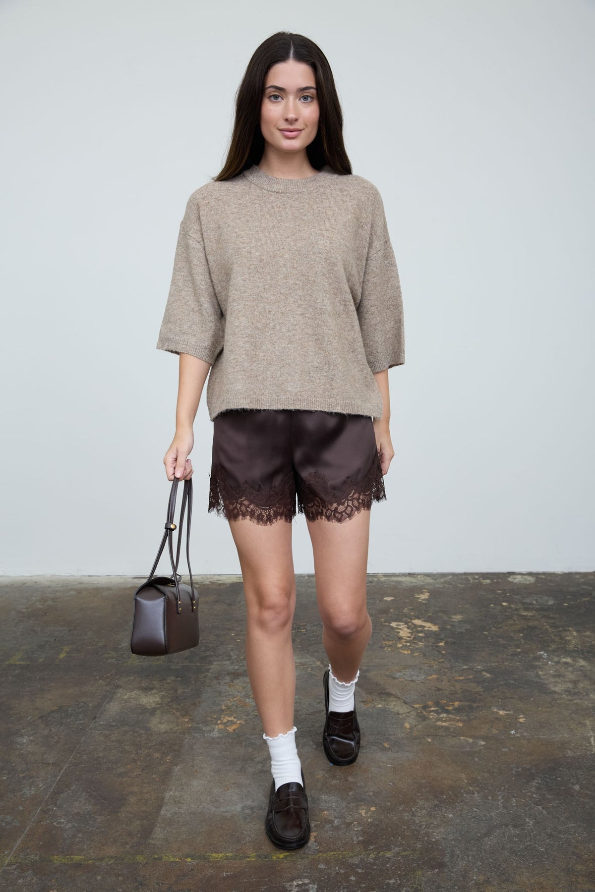 Heathered Crew Neck Half Sleeve Boxy Pullover in Tan