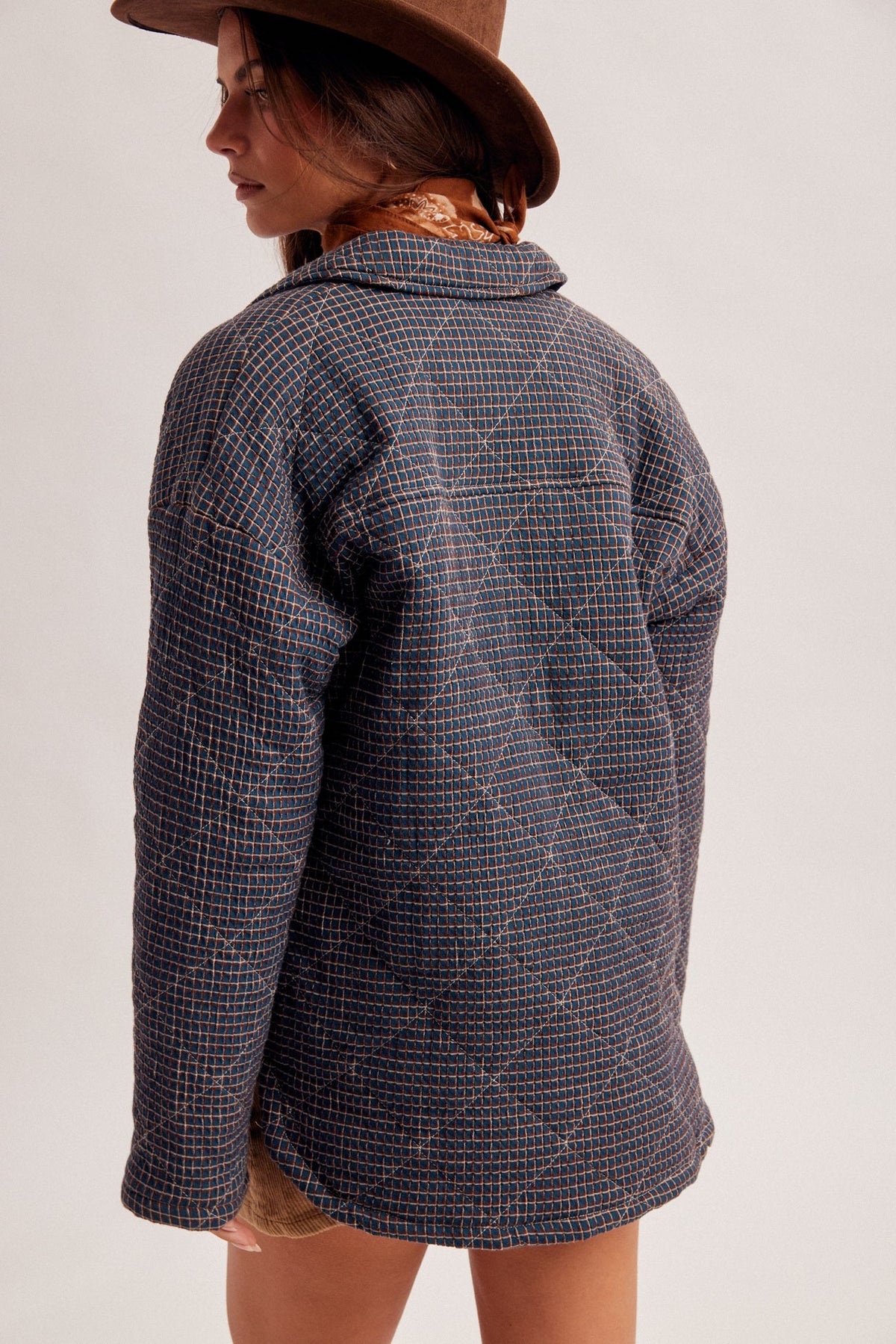 Katelynn Navy Checker Print Button Front Side Slit Oversized Puffer Jacket