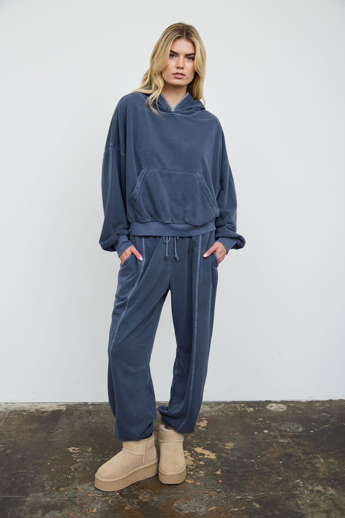 Juli Navy Cropped Hooded Kangaroo Pocket Knit Top