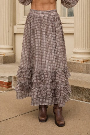 Georgia Plaid Ruffled Tiered Hem Midi Skirt