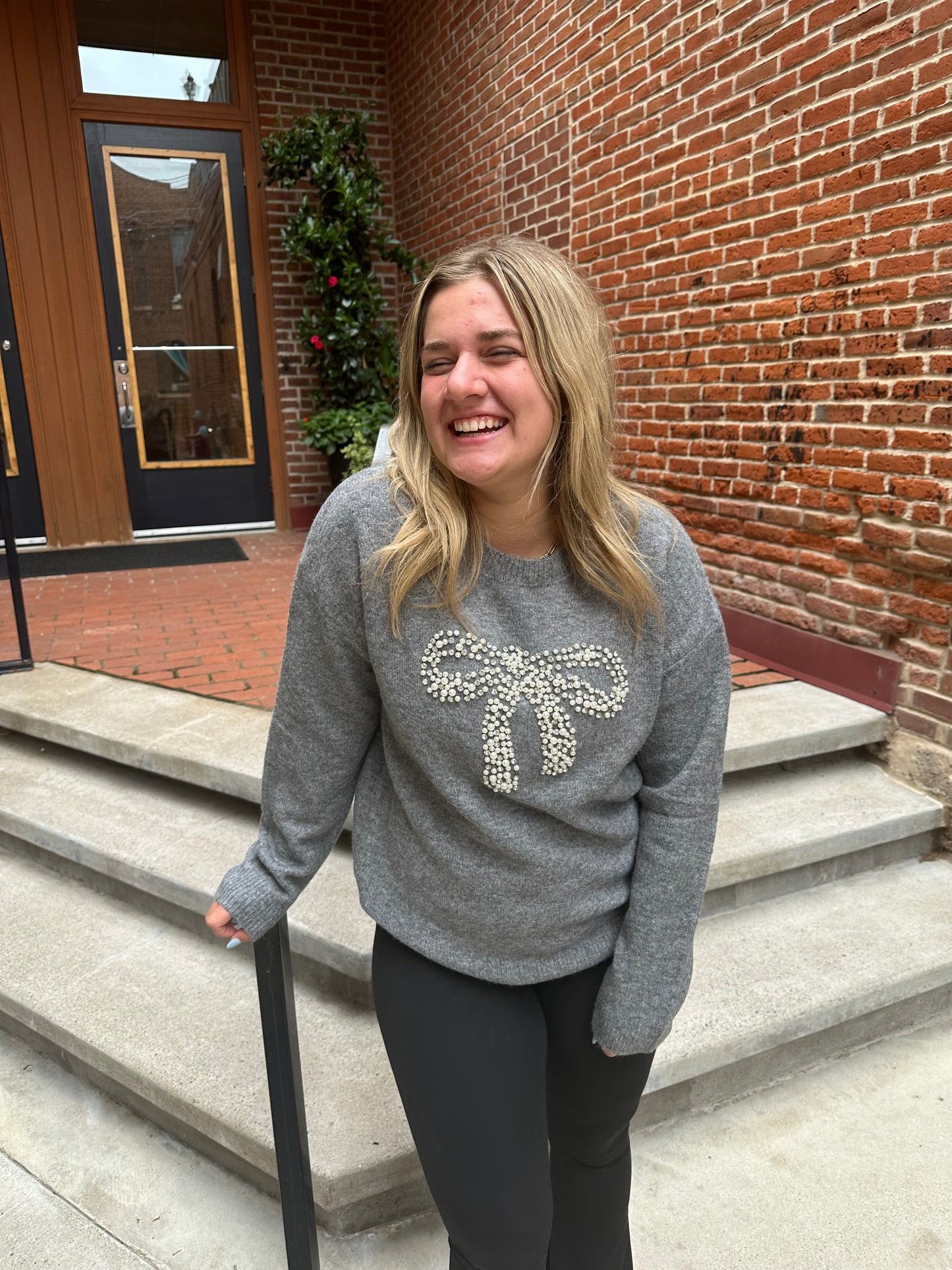 Addyson Bow Crew Sweater in Grey