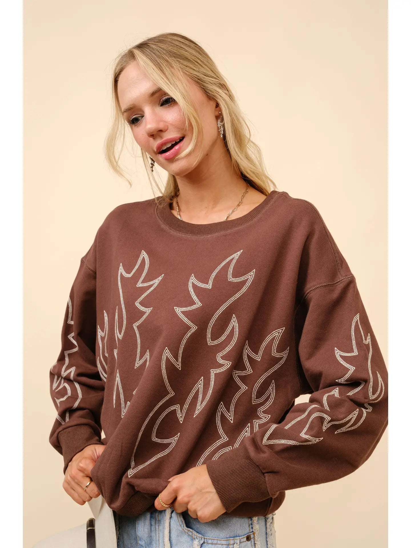 Chloe Western Boots Stitch Pullover Sweatshirt