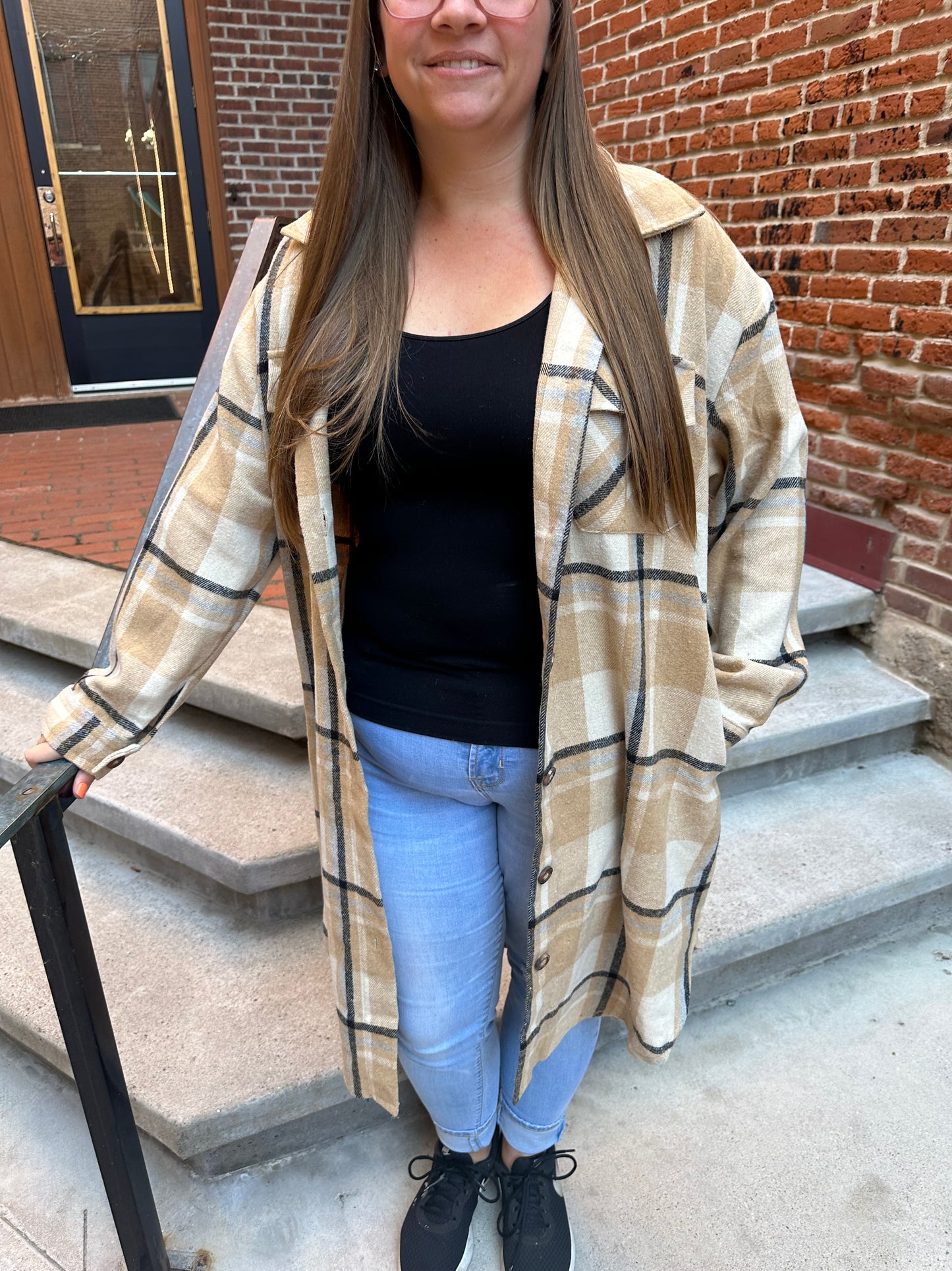 Celeste Tan, Black & Beige Plaid Long Flannel
