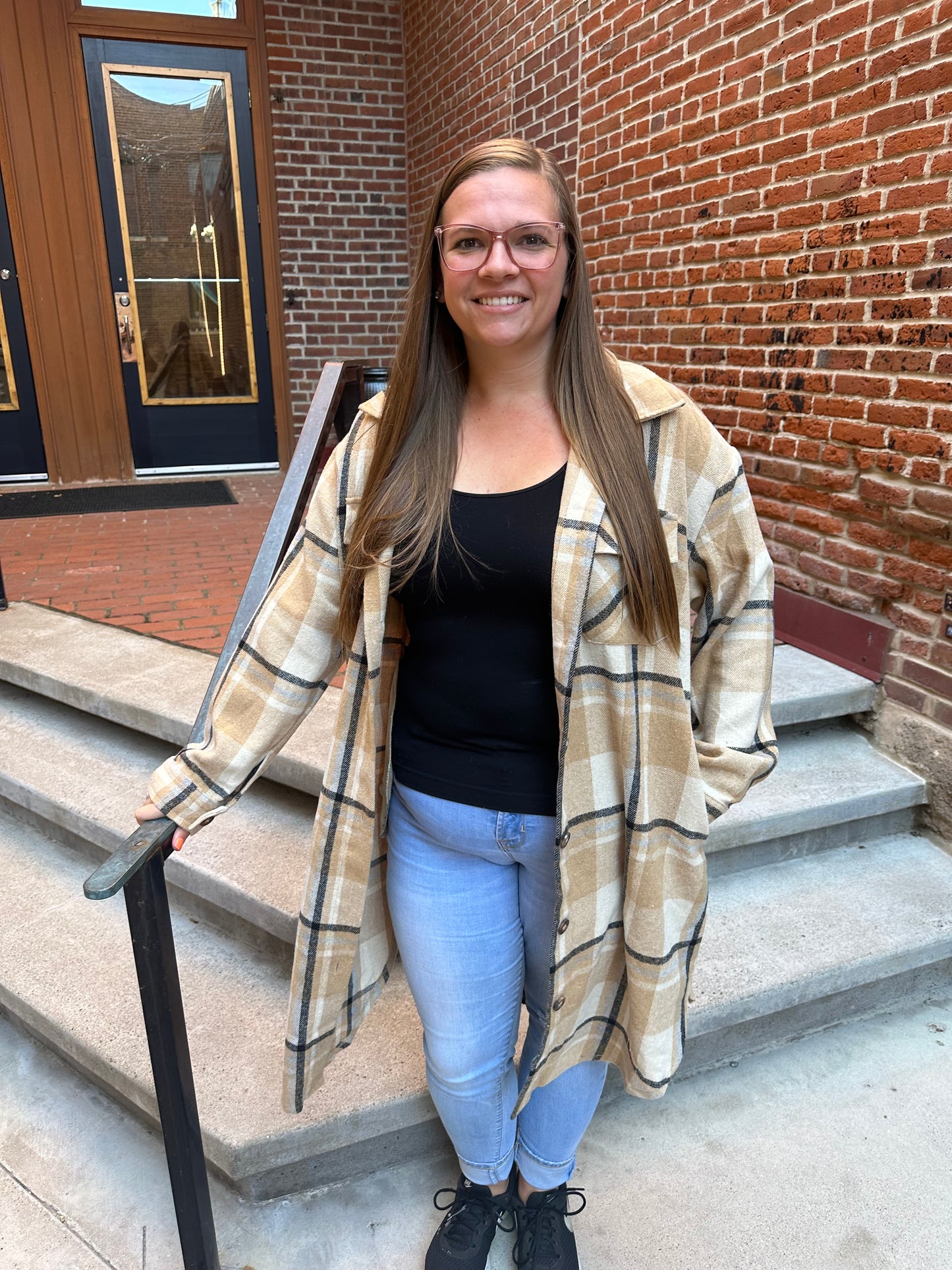 Celeste Tan, Black & Beige Plaid Long Flannel