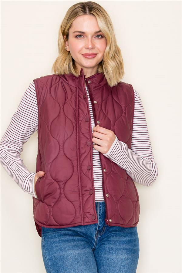 Alanna Quilted Vest Snap Buttons in Burgundy
