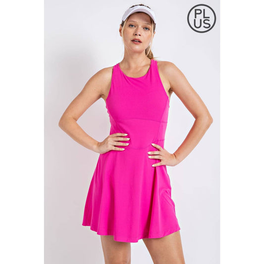 Caitlin Butter Romper Dress with Keyhole in Sonic Pink in Plus Size