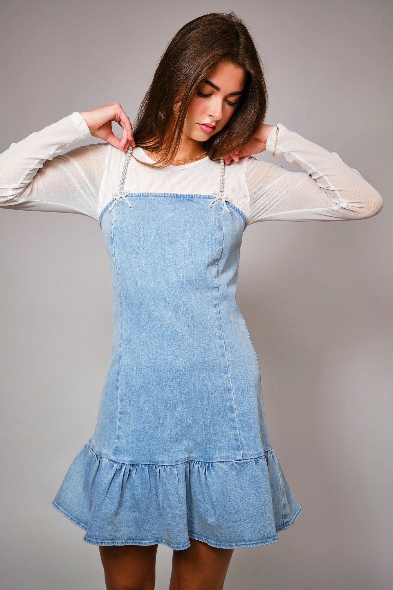 Ally Pearl Strap Stretch Denim Mini Denim Dress