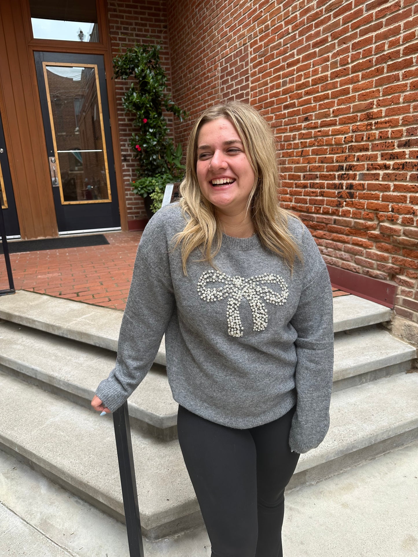 Addyson Bow Crew Sweater in Grey