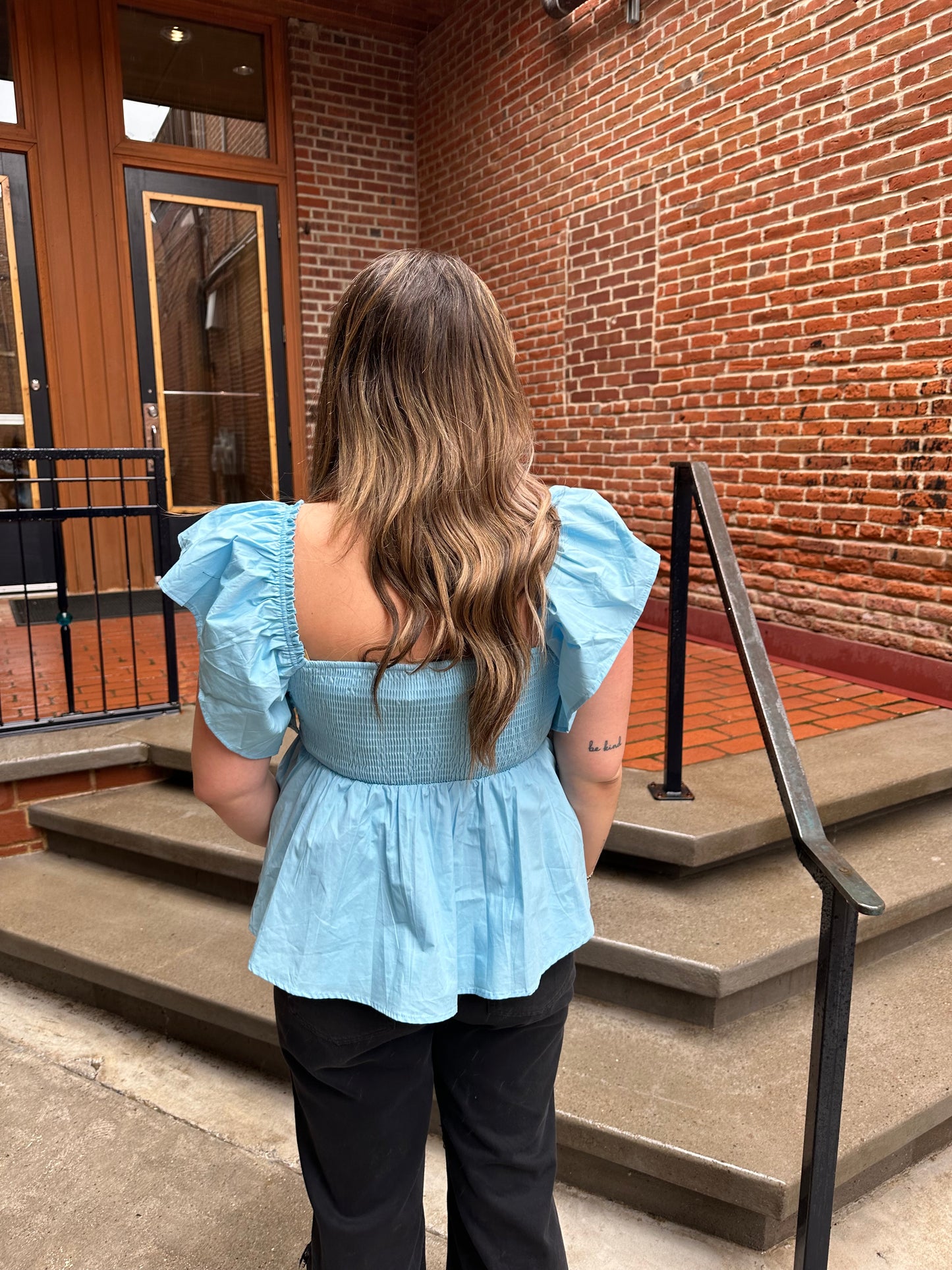Everly Fluttered Ruffle Top in Baby Blue