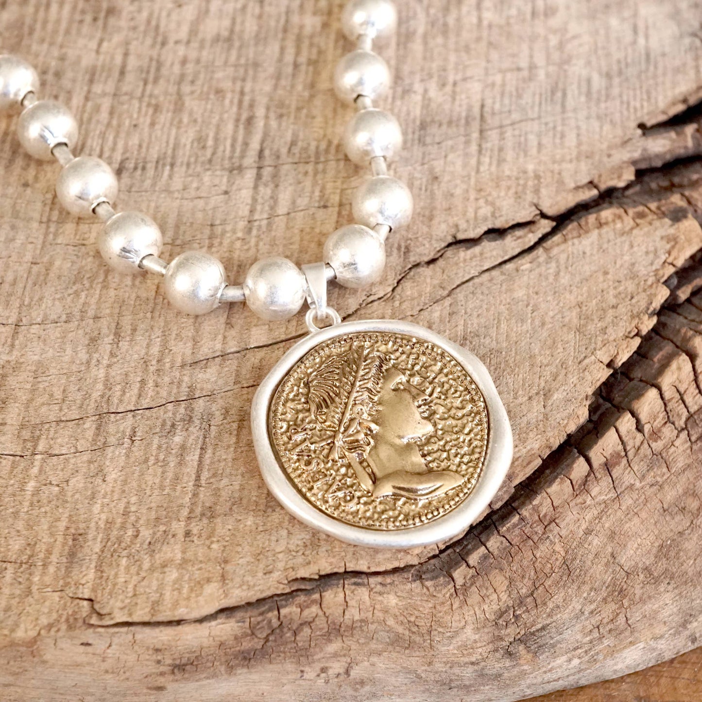 Coin Chunky Ball Chain Statement Necklace in Gold Tones