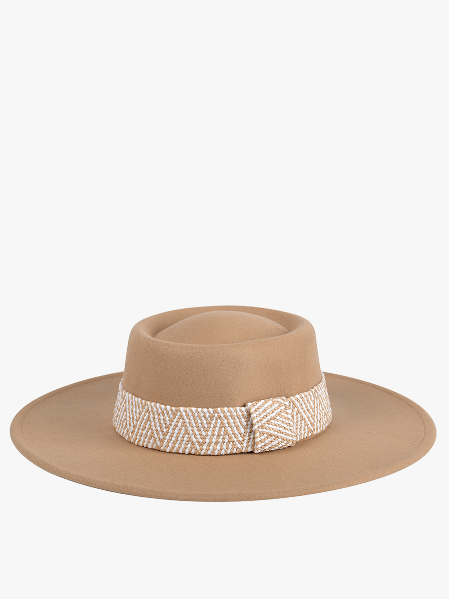 Stevie Boho Trim Wide Brim Fedora in Tan