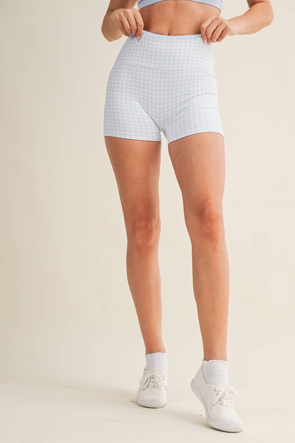 Gingham Print Contrast Binding Biker Shorts in Blue Gingham